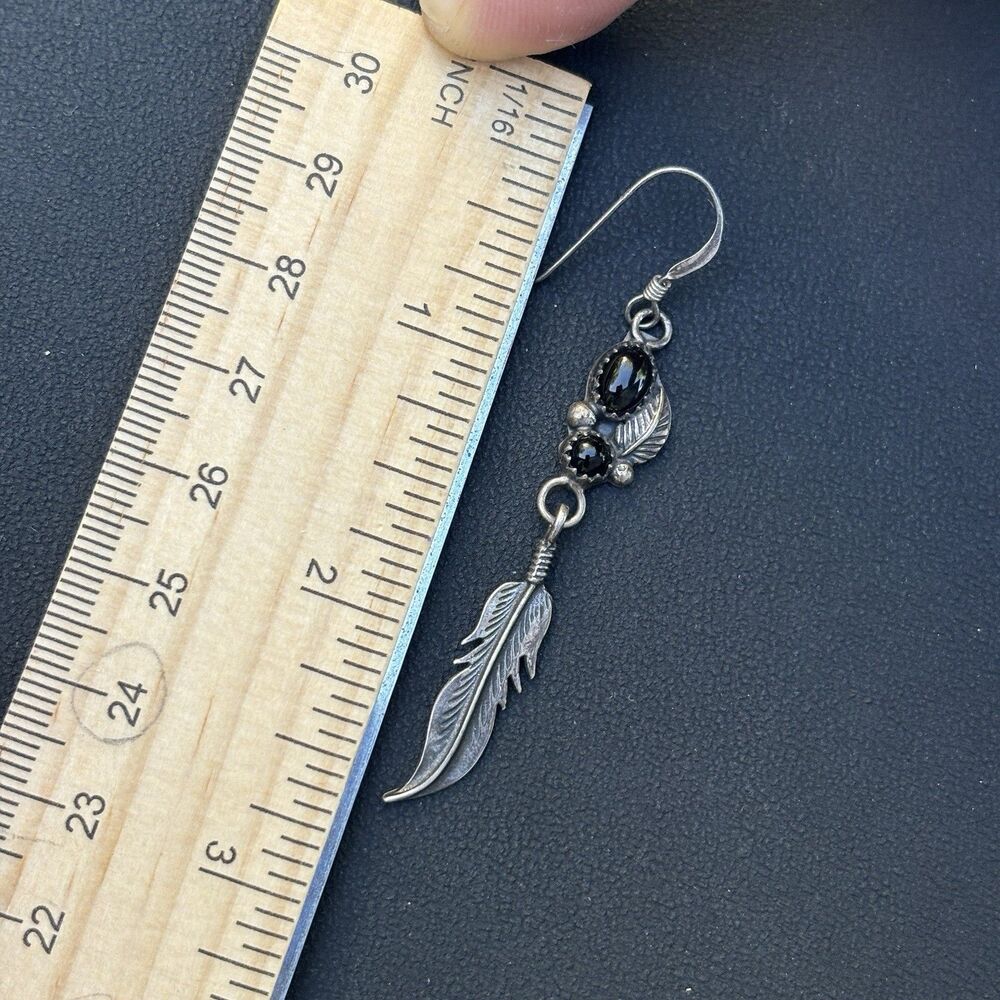 Vintage BR Sterling Silver Black Onyx Feather Dangle Earrings Boho Southwest - Picture 7 of 7